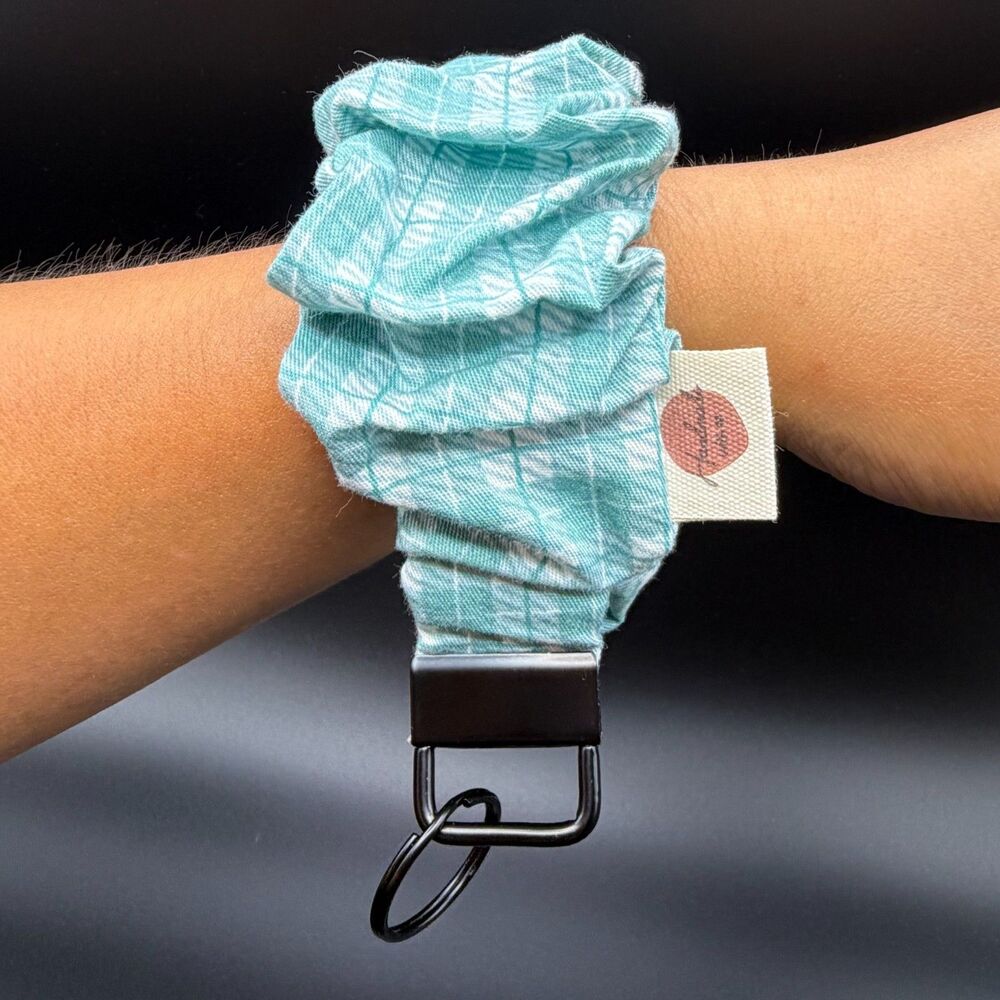 Handmade One Size Scrunchie Key Fob Wristlet Unisex Teal Plaid Cotton Key ring